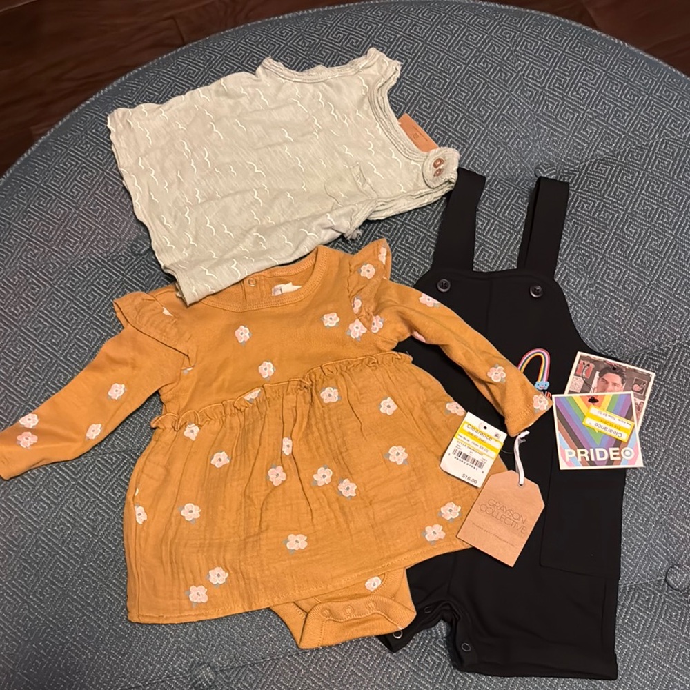 Baby Bundle Outfit Set - Dress, Top, Overalls